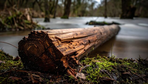 A weathered and splintered wooden beam showing deep grain and water damage lying on a mossy forest floor near a river, capturing the essence of natural decay and environmental textures in the woods.