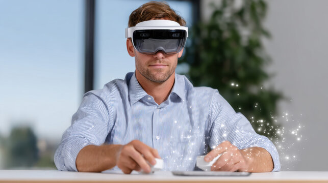 Virtual reality training headset employee workstation office man computer technology simulation learning