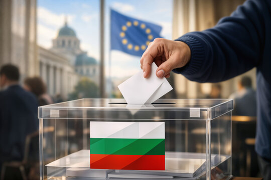 Bulgarian parliamentary election ballot dropping into transparent ballot box in Sofia with EU flag and Sofia architecture symbolizing democracy civic duty and political transition