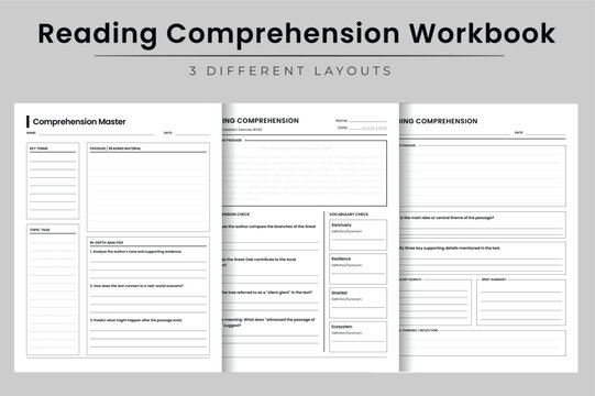 Reading Comprehension Workbook Vector Illustration Printable Literacy Worksheet with Passage Analysis Vocabulary Check and Main Idea Exercises
