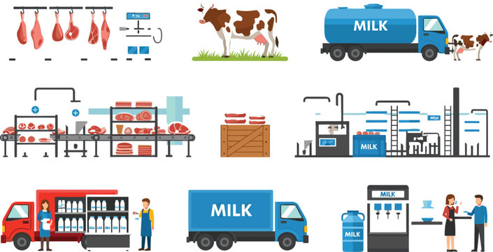 Milk Production Process and Dairy Industry Supply Chain Collection with Cows Processing Packaging and Delivery Vector Illustration Set