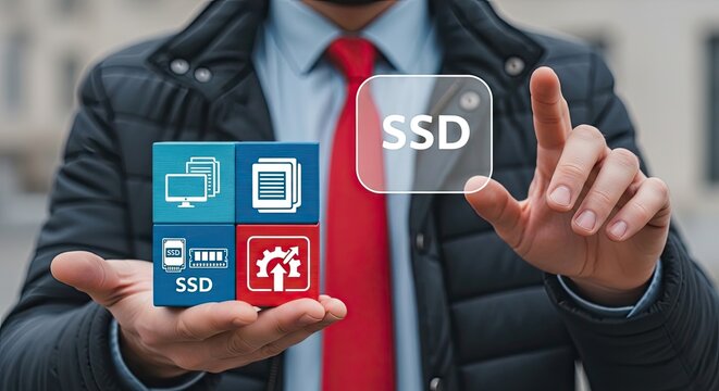A business professional holds a stack of colorful blocks with computer hardware icons while gesturing toward a floating digital SSD interface, set against a blurred background.