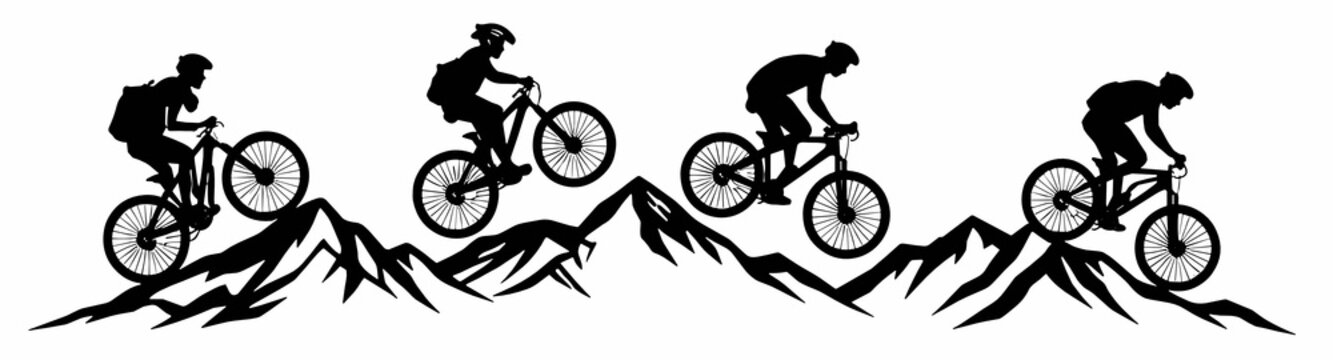 Flat vector silhouette of mountain bikers riding across sharp peaks. Dynamic outdoor sports concept showing cycling adventure endurance and freedom in minimalist black design on transparent background
