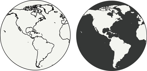 Global world map set featuring outline and solid earth globe illustrations of America, minimalist geography icons for travel and international business © Mehedi