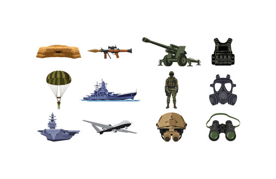 Modern defense assets vector illustration set for strategic military applications and combat readiness