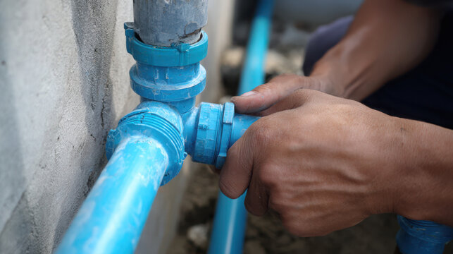 A person tightening a blue pvc pipe fitting on a plumbing system