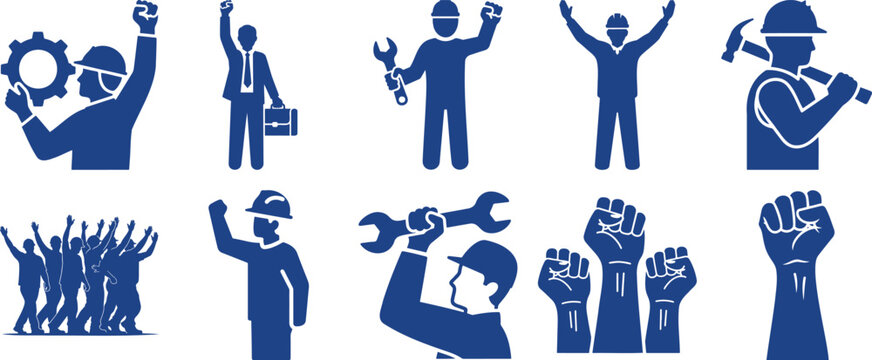 Industrial workers holding tools and raising fists in celebration of labor and empowerment silhouette vector illustration with strength, industry silhouette vector illustration