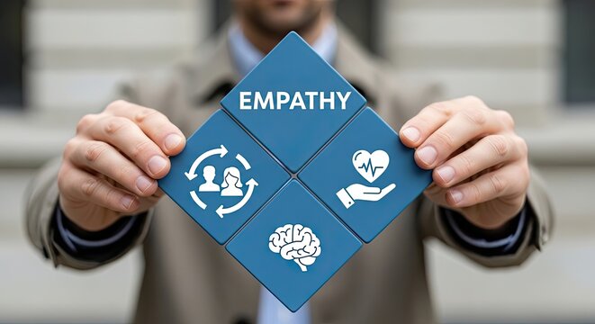 A person in a beige jacket holds a diamond-shaped configuration of four blue tiles labeled with the word empathy and human-centered icons on a neutral background.