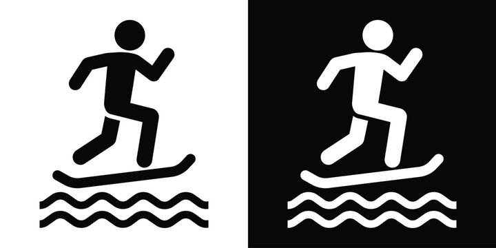 Vector icon showing a person balancing on a surfboard or platform in water. Suitable for water sports, stand-up paddleboarding, or aquatic recreation design projects.