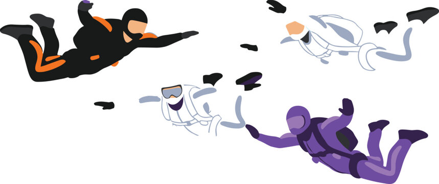 Skydiving Parachute Freefall Team Formation Extreme Sport Adventure Vector Illustration Set