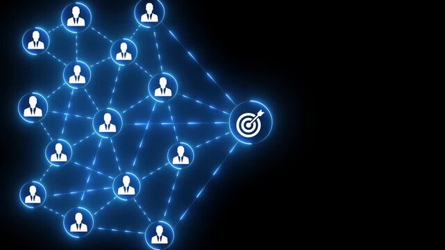 Red dartboard and red arrow connection linkage with human icon for customer focus target group and customer relation management concept.4k motion video .