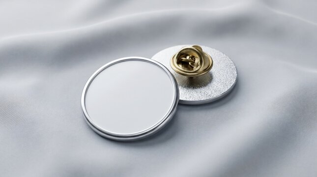 Blank round silver lapel pin badge mockup on a soft grey fabric background