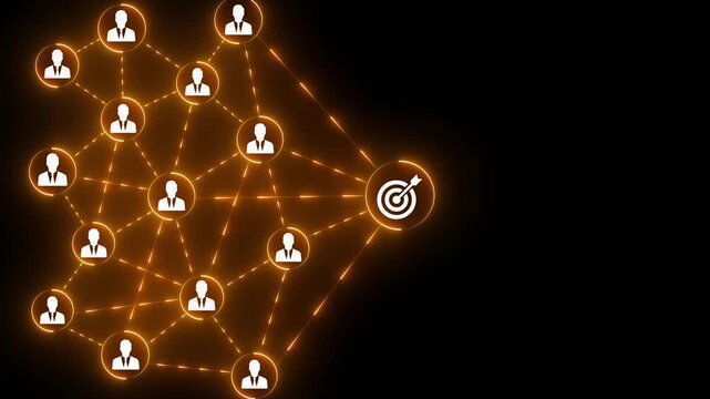 Red dartboard and red arrow connection linkage with human icon for customer focus target group and customer relation management concept.4k motion video .