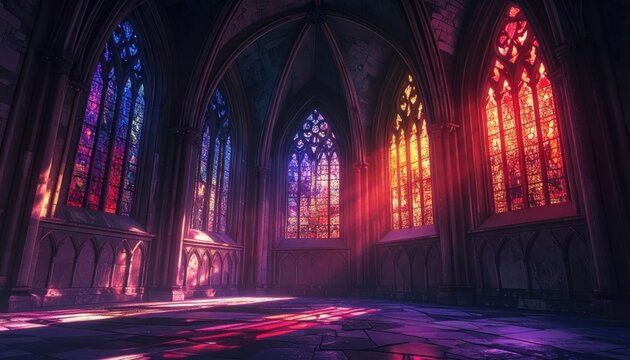Gothic Cathedral Interior with Vibrant Stained Glass Windows.