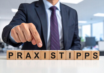 Obraz premium Praxistipps - Geschäftsmann zeigt auf das Wort 