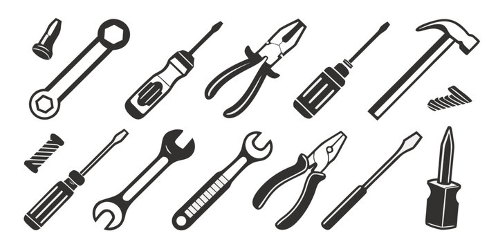 Set of industrial hand tool icons featuring wrench screwdrivers pliers hammer and metal shears hardware screwdriver maintenance construction industry workshop mechanic plumbing equipment
