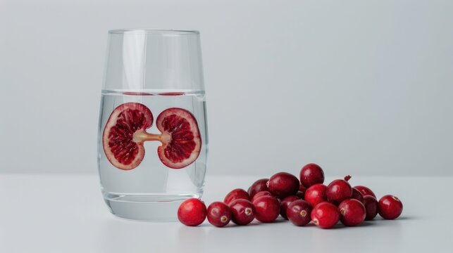 Conceptual representation of urinary system health and potential benefits of cranberries showing a kidney model in a water filled glass alongside a cluster of berries on a white surface