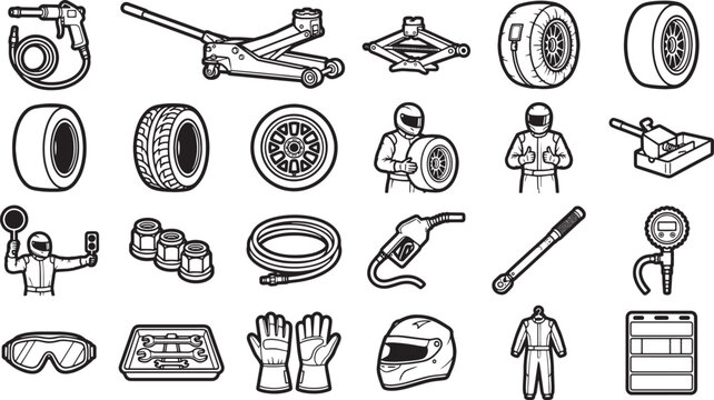 Racing car equipment collection, a visual compendium of racing car maintenance and race day necessities, presented in a crisp, clean illustration. 