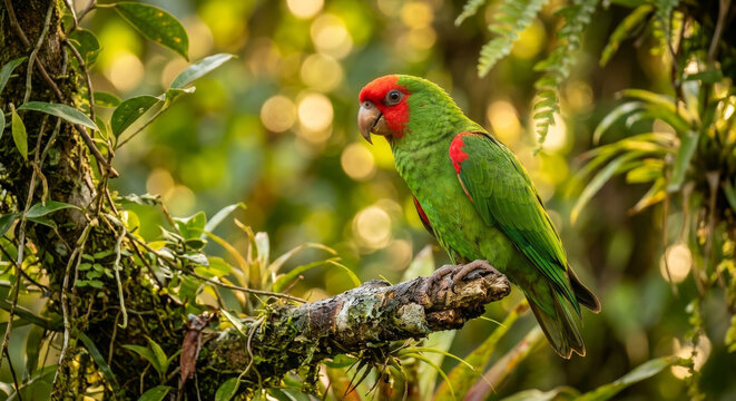 Parrot perches on a branch in lush greenery.