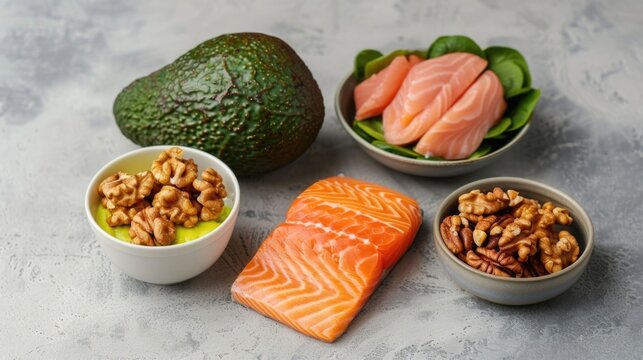 Healthy fats and protein source salmon avocado walnuts and spinach  Ingredients rich in omega 3s supporting cognitive function and overall well being