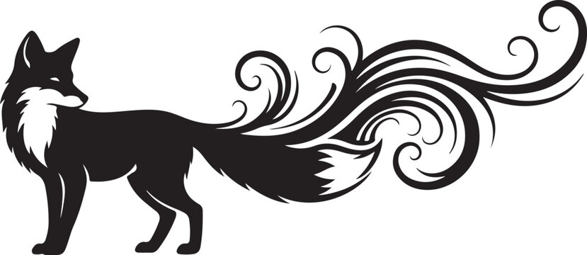 Black fox silhouette, swirly tail, vector illustration, wildlife icon