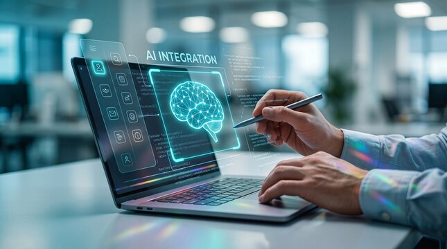 Ai integration concept with brain icon and data visualization on laptop screen