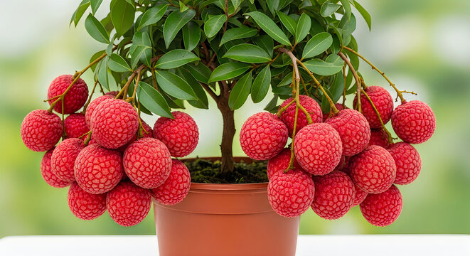 Lychee tree in pot with ripe red fruit and green leaves