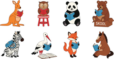 Cute animals reading books set with panda fox owl kangaroo zebra and horse cartoon vector illustration isolated on white background for education design © Jahangir