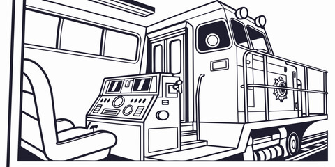 Illustration of a train driver's cabin interior with control panel gauges and railway tracks visible through the front window interior locomotive railroad transport dashboard perspective © Lap