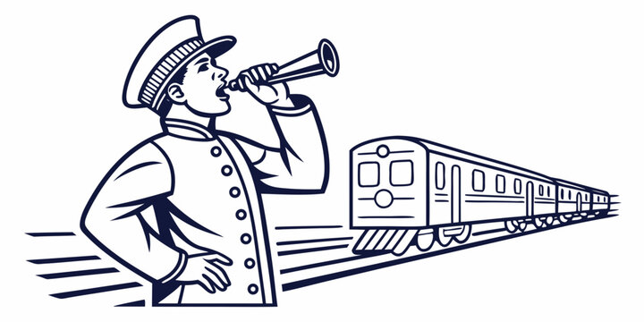 Train conductor or station master blowing into a megaphone with railway tracks leading into the distance a line art illustration representing direction or announcement old fashioned public transpor