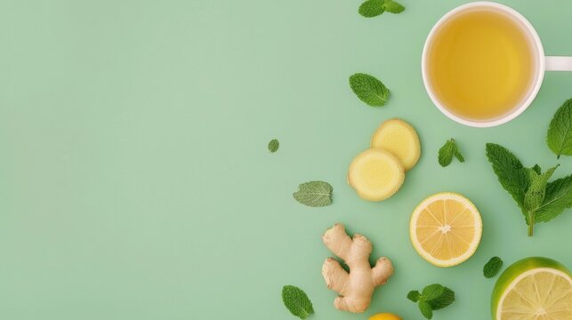 A bright top down shot of a white mug filled with golden herbal tea surrounded by fresh ingredients like ginger root mint leaves and citrus slices on a clean pastel green surface