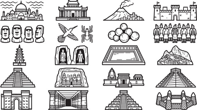 A collection of iconic building monuments and structures from around the world is meticulously captured in a stunning illustration.