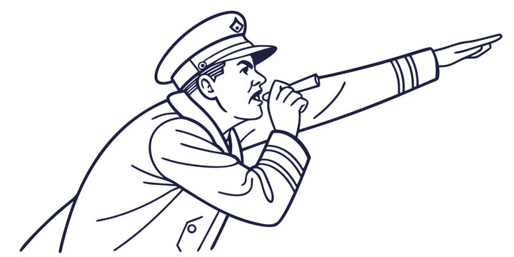 Two line art illustrations of a train conductor or captain one pointing upwards and yelling the other looking through binoculars depicting command and observation with decision making, public transpor