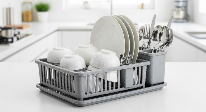 Gray Plastic Dish Drying Rack with Plates, Bowls, and Utensils Organized for Kitchen Countertops