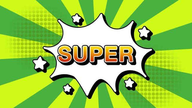 Super text word lettering popup comic cartoon reveal with bomb and smoke explosion manga anime book page dots with radial speed lines doodle green background with seamless loop animation retro clip