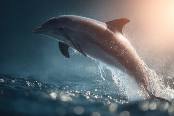 Naklejka premium Dolphin jumping mid air over sparkling water