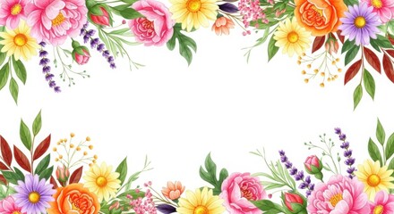 Fototapeta premium Vibrant floral border, colorful flowers, leafy greenery, decorative frame, garden blooms