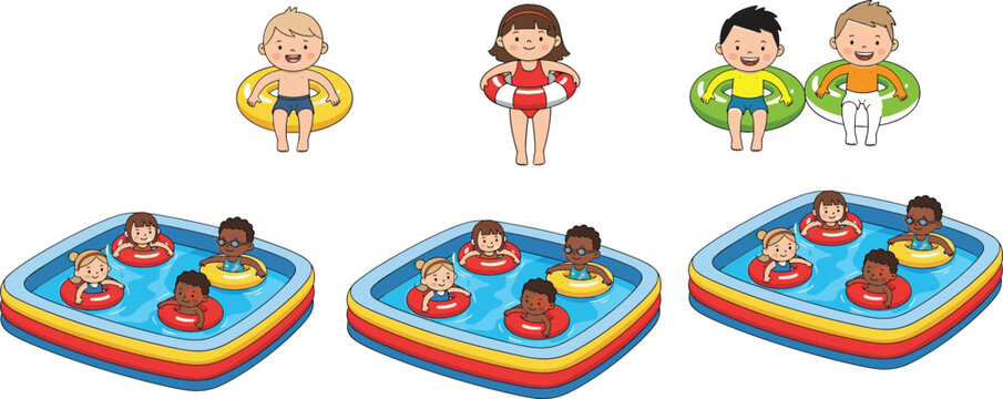 Kids swimming in inflatable pool with float rings summer water fun cartoon vector illustration set isolated on white background for children activity design