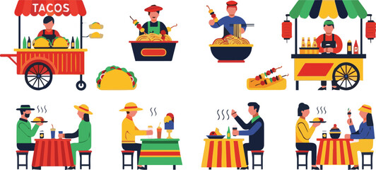 Naklejka premium People eating tacos and other food from vendors at tables outdoors