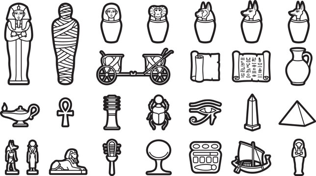 A collection of ancient Egyptian artifacts and symbols is meticulously outlined. This captivating graphic offers a glimpse into the mysteries of an ancient culture.