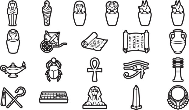 Ancient Egyptian symbols, artifacts, and iconic figures are neatly arranged in a captivating illustration, painted using stark black lines on a plain backdrop.