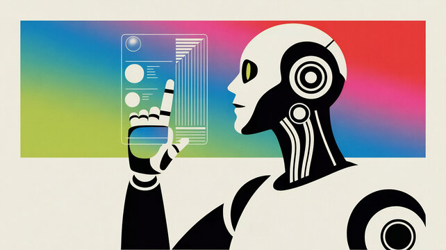 Robot holding smartphone on colorful background android humanoid phone screen