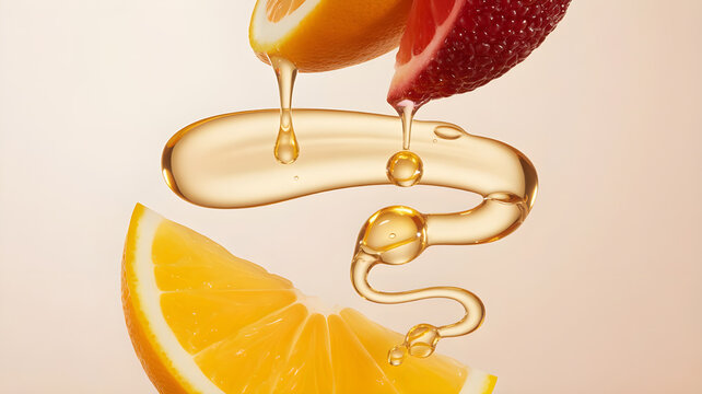 Fruit extract transforming into serum texture, glowing liquid, beauty product style, soft lighting, ultra detailed, 8k