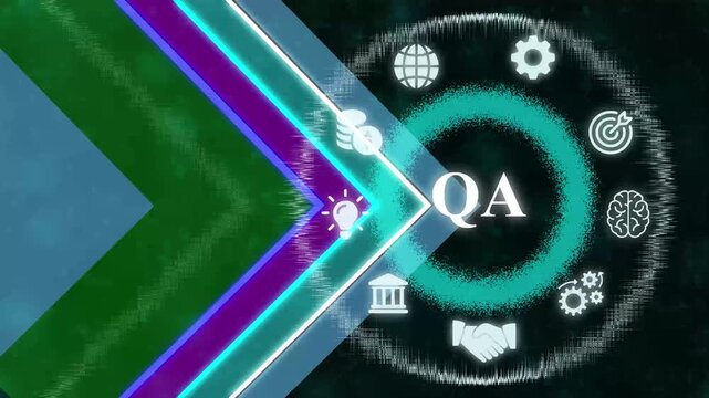 Digital business strategy concept featuring glowing neon arrow overlay and circular infographic representing global communication corporate growth