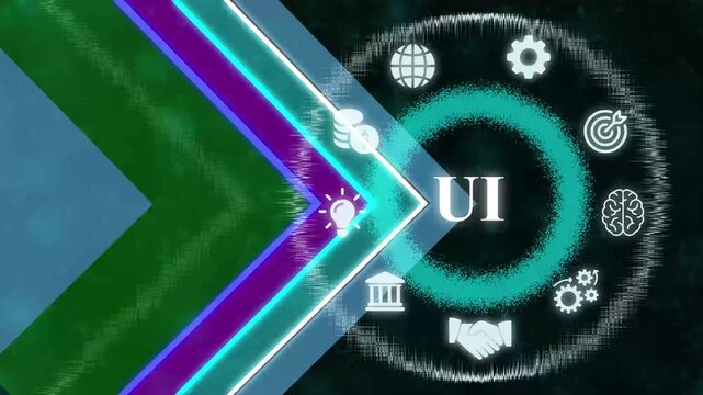 Abstract digital business background featuring glowing neon chevron arrows and a circular interface of corporate representing global strategy
