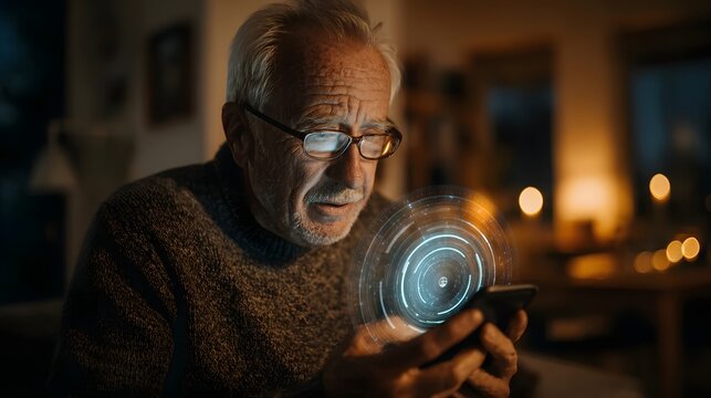 Elderly man with glasses looking at a smartphone with a holographic interface, conveying technology and connection in later life