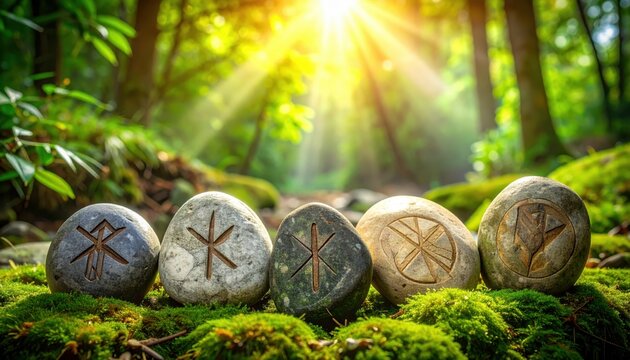 Ancient Elder Futhark rune stones arranged on mossy forest floor with dappled sunlight