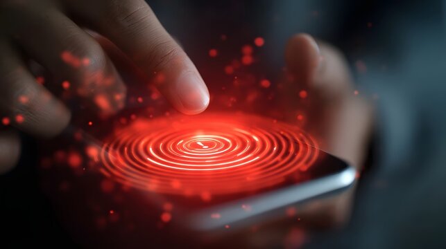 Close-up of a finger touching a smartphone screen with a digital red glowing ripple effect, symbolizing security, technology, and data flow