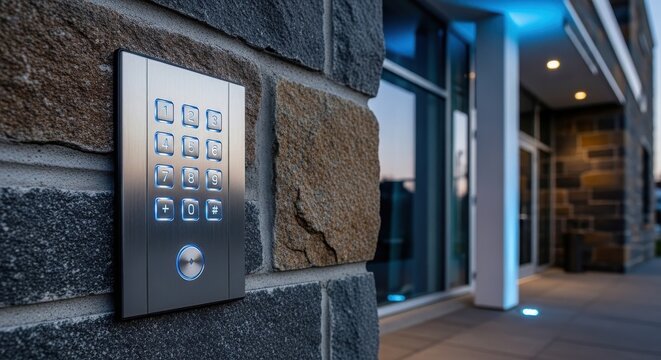 Sleek brushed aluminum digital keypad integrated into a stone wall for modern building access control