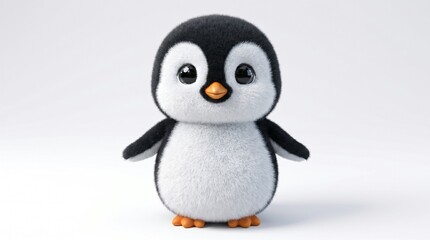 Fototapeta premium Adorable fluffy cartoon penguin character with big eyes, standing against a clean white background, studio shot